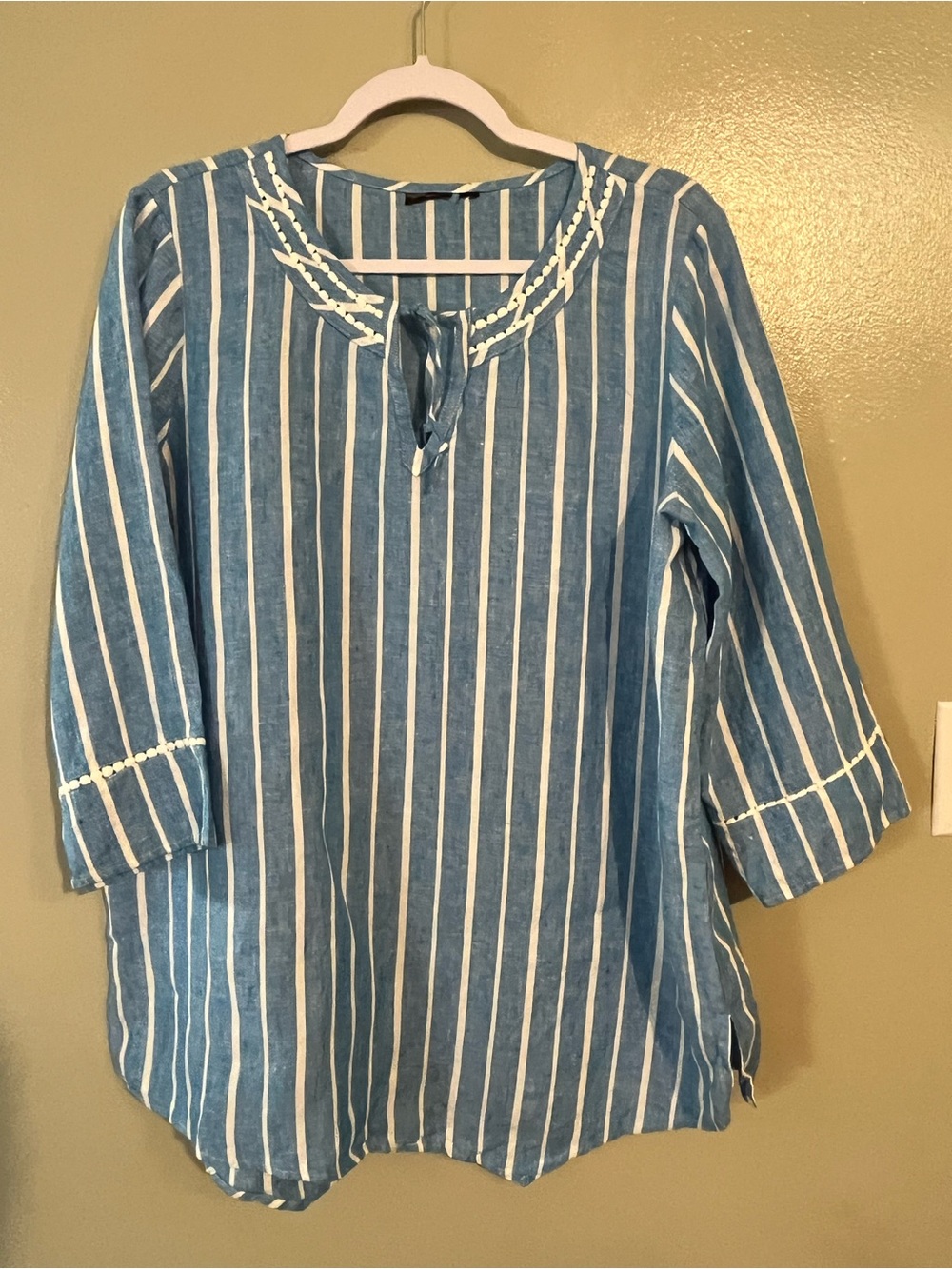 Blue & White Vertical Stripe Peasant Blouse Tunic 100% Linen Coastal vacation
